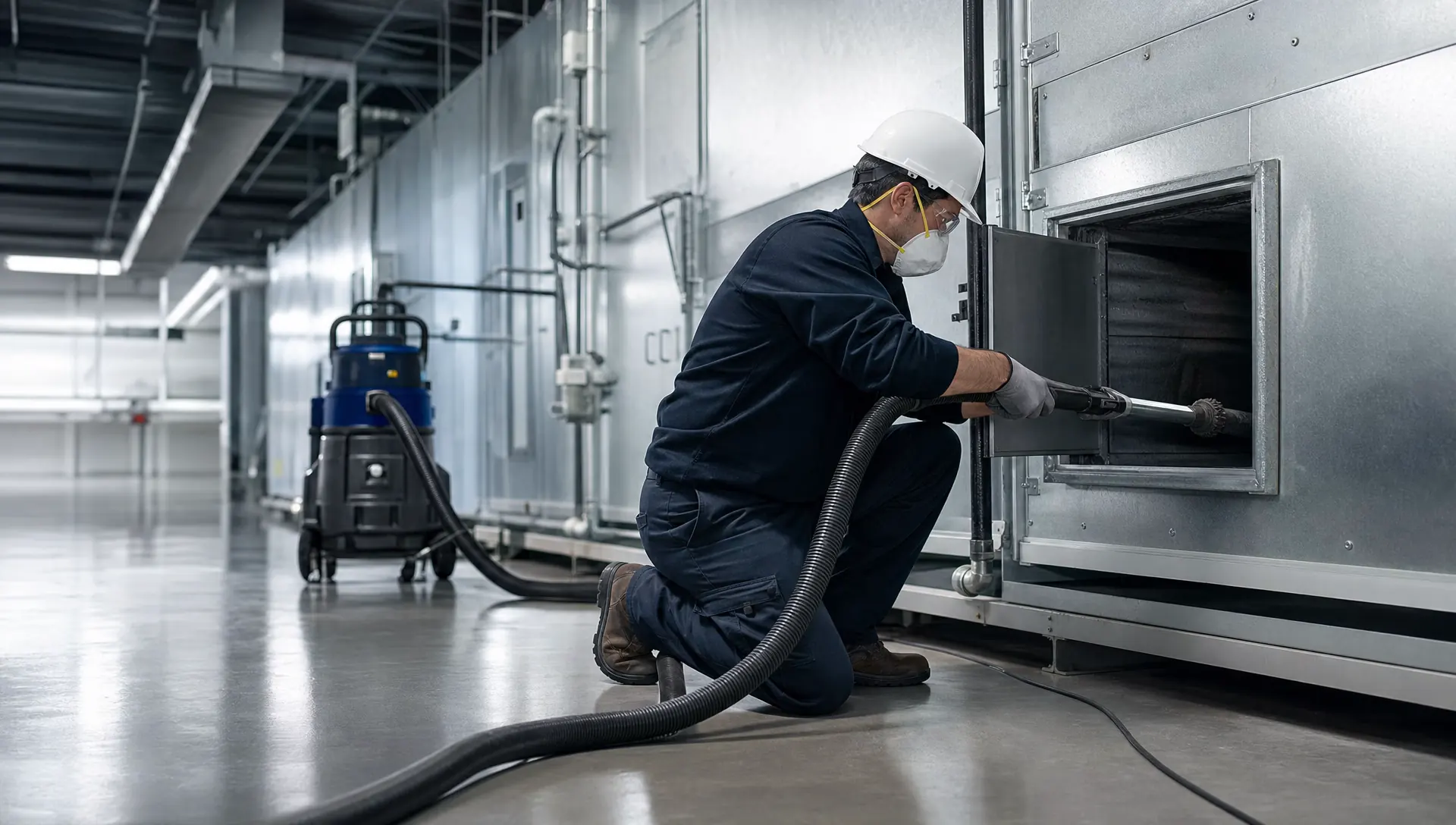 Service-Tech technician performing NADCA ACR source-removal cleaning inside large commercial ductwork with negative-air containment equipment