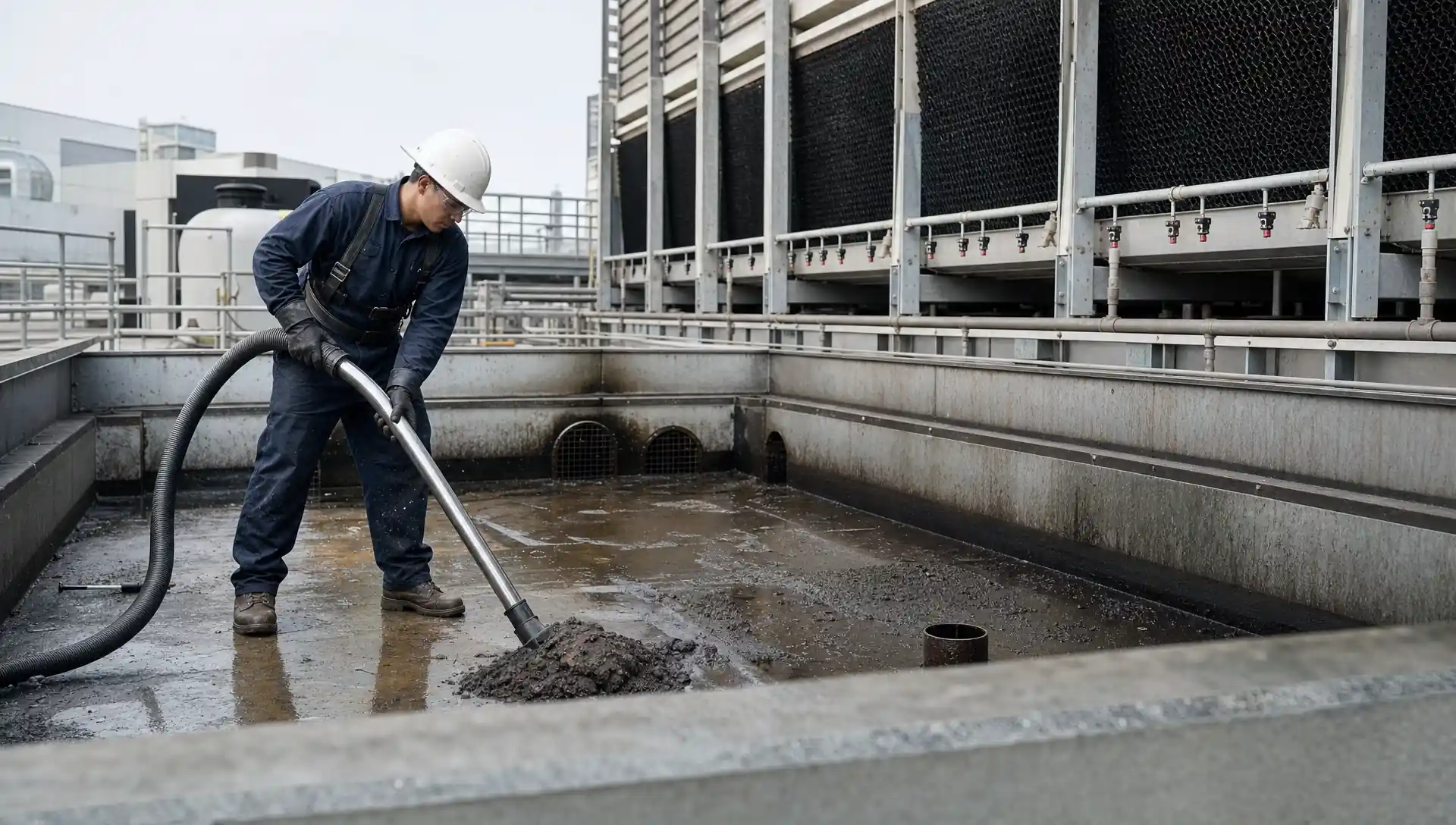 Service-Tech technician vacuum-extracting sediment from a drained cooling tower cold-water basin