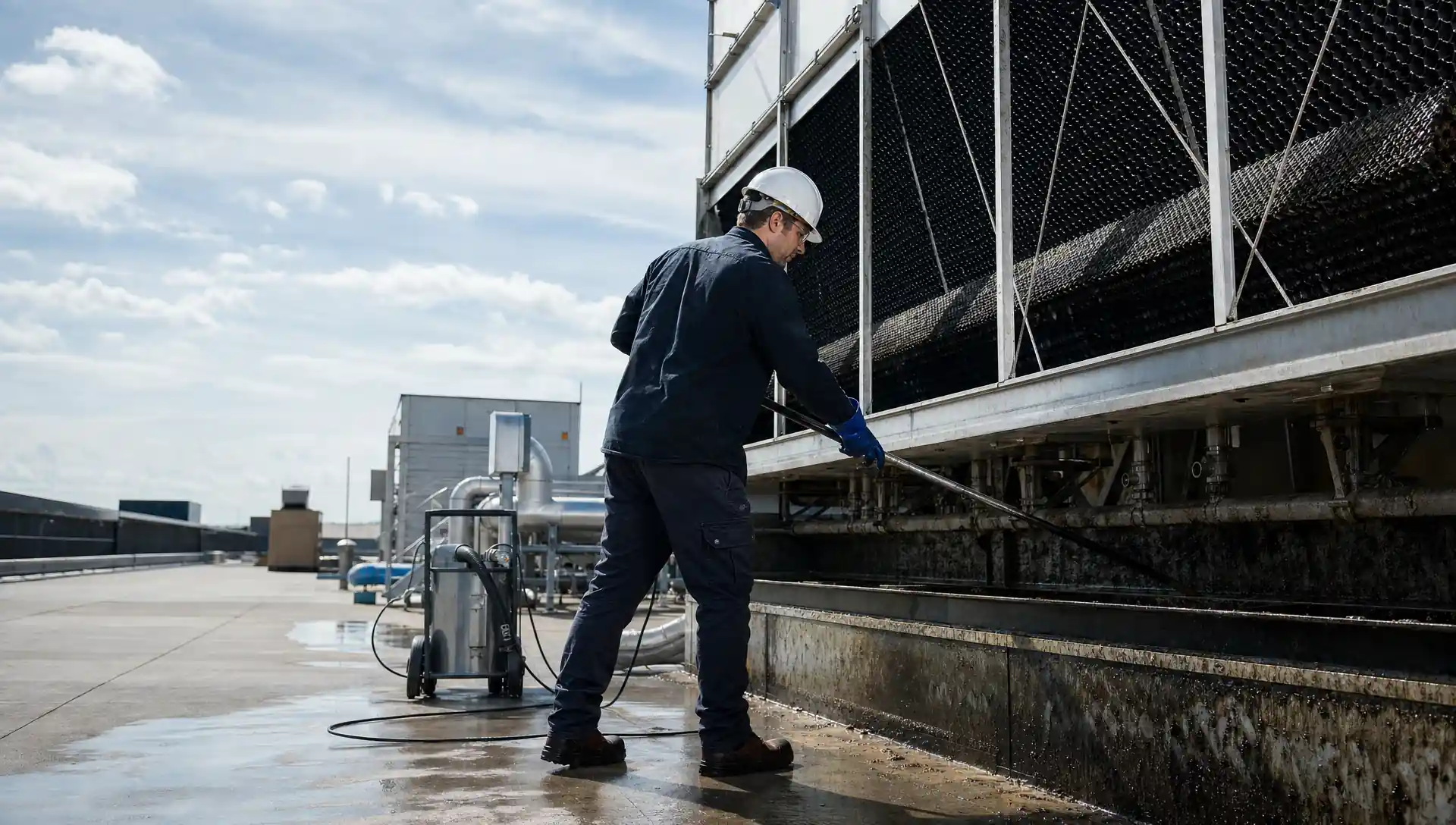 Service-Tech technician cleaning sediment and biofilm from a rooftop cooling tower basin and fill media during a scheduled shutdown