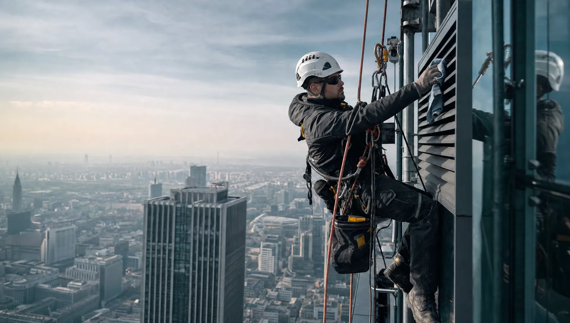 Service-Tech rope access technician on a redundant two-rope system cleaning the curtain wall of a high-rise office tower