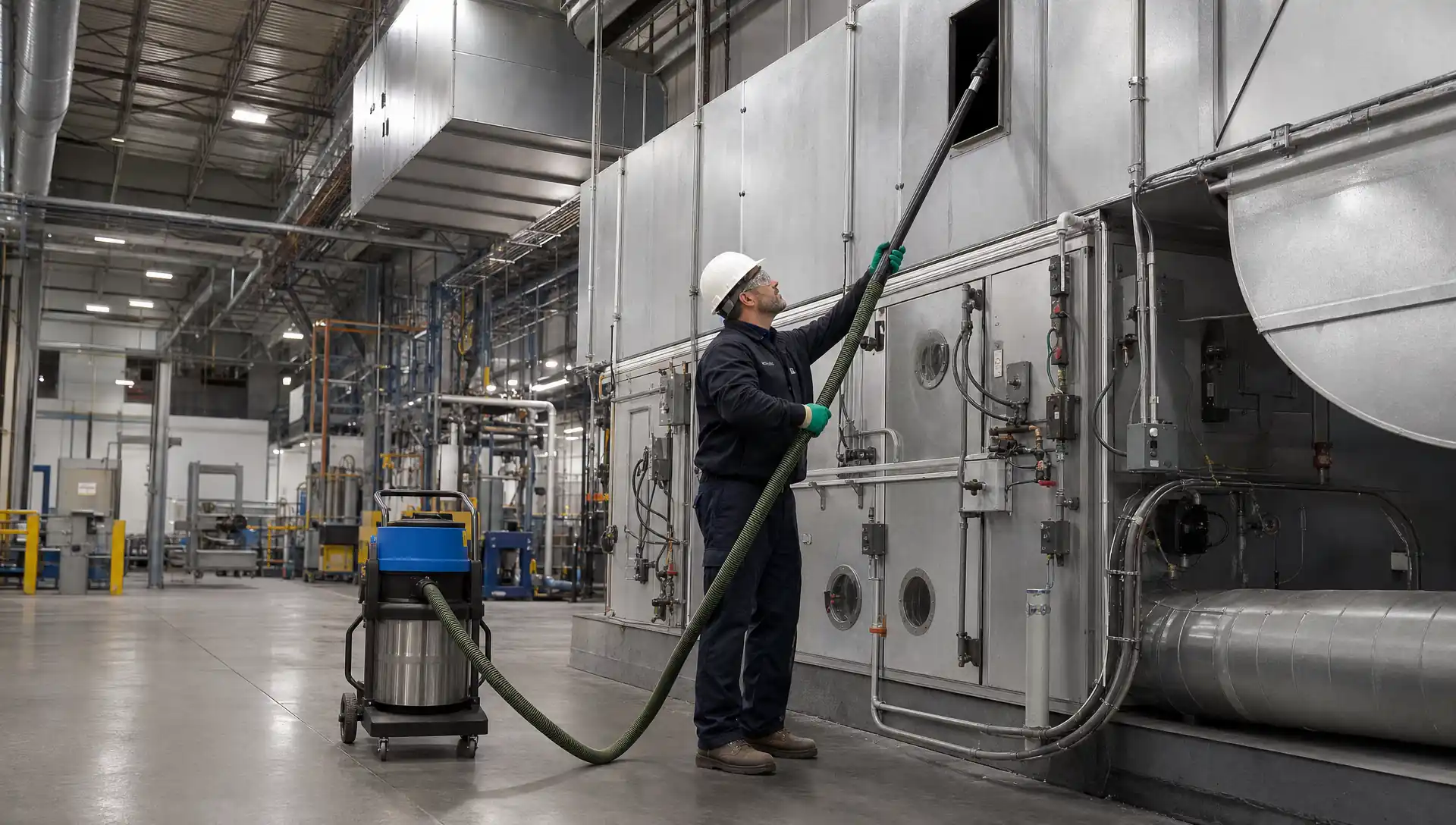 Service-Tech technician performing dry ice blasting on production equipment inside a food processing facility